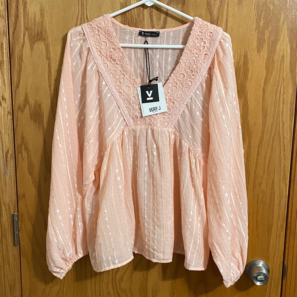 Very J Peach Blouse with Floral Detail